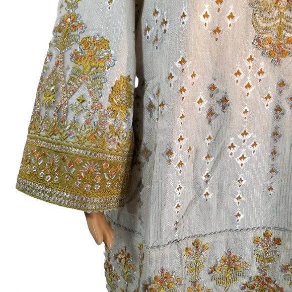 Large Pakistani Fancy Embroidered Jacquard Cotton Broshia Banarsi Shalwar Kameez - Picture 7 of 11
